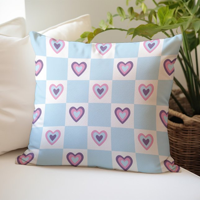 Retro Light blue Hearts Checkered Pattern Throw Pillow (Creator Uploaded)