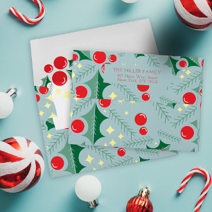 Retro Light Blue Holly Christmas Return Address Envelope