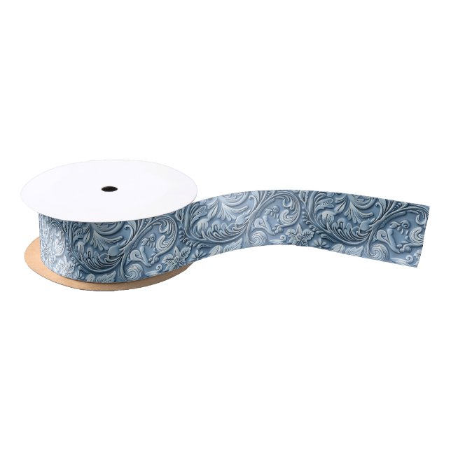 Retro light blue tooled leather  satin ribbon (Spool)