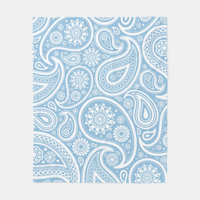 Retro Light Blue White Paisley Print Fleece Blanket (Front)