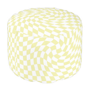 Retro Light Yellow Groovy Warped Check Checkered  Pouf