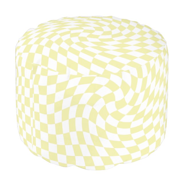 Retro Light Yellow Groovy Warped Check Checkered  Pouf (Angled Back)