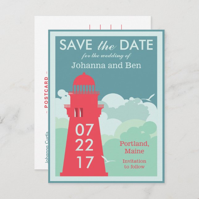 Retro Lighthouse Poster Save the Date Postcard (Front/Back)