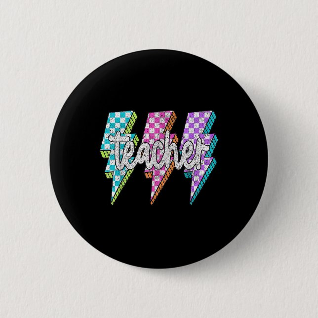 Retro Lightning Bolt Teacher  Button (Front)