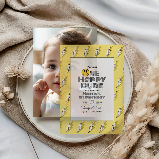 Retro Lightning One Happy Dude 1st Birthday Photo Vellum Invitations (Retro Lightning One Happy Dude 1st Birthday Photo Vellum Invitations)