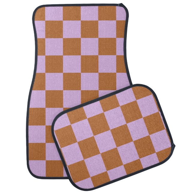 Retro Lilac Brown Checks Checkered Pattern  Car Floor Mat (Set)