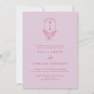 Retro Lilac Magenta Floral Monogram Crest Wedding Invitation