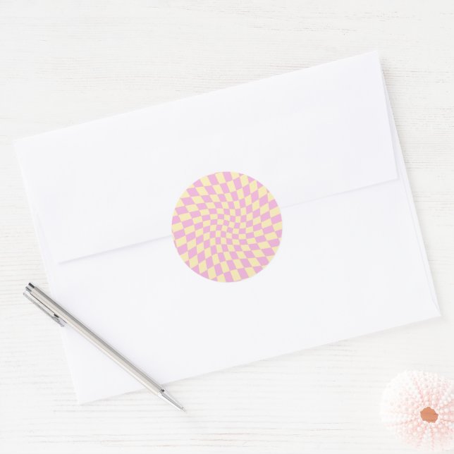 Retro Lilac Peach PInk Checks Warped Checkerboard  Classic Round Sticker (Envelope)