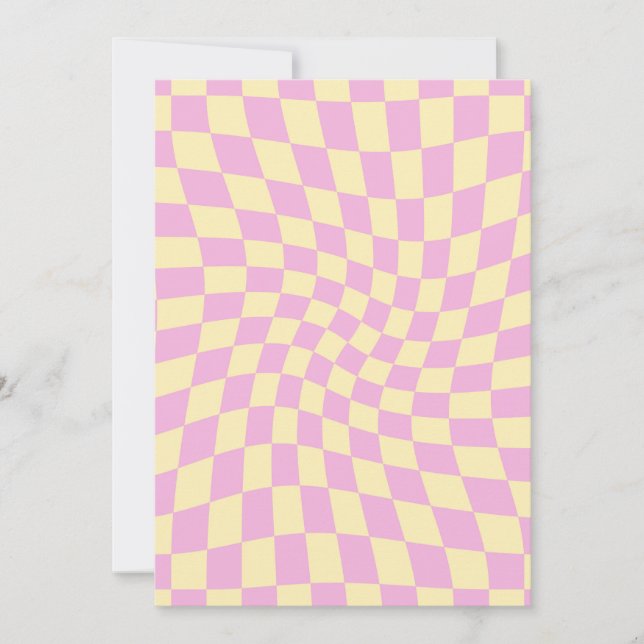 Retro Lilac Peach PInk Checks Warped Checkerboard Invitation (Front)