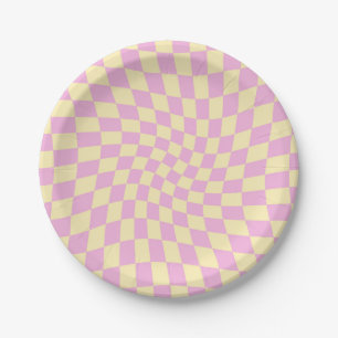 Retro Lilac Peach PInk Checks Warped Checkerboard Paper Plates