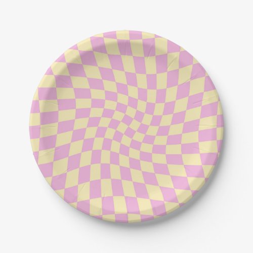 Retro Lilac Peach PInk Checks Warped Checkerboard  Paper Plates