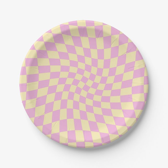 Retro Lilac Peach PInk Checks Warped Checkerboard  Paper Plates (Front)