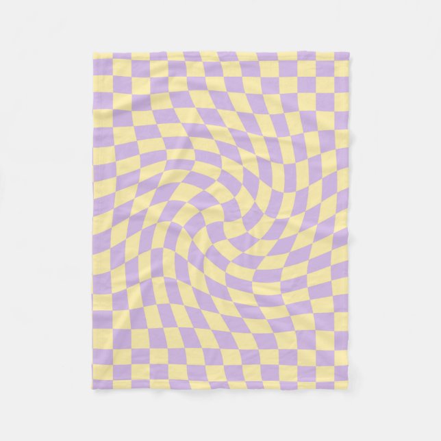Retro Lilac Yellow Pastel Warped Checkerboard Fleece Blanket (Front)