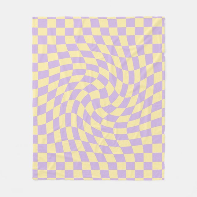 Retro Lilac Yellow Pastel Warped Checkerboard Fleece Blanket (Front)