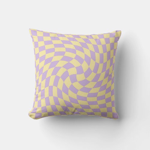 Retro Lilac Yellow Pastel Warped Checkerboard Throw Pillow