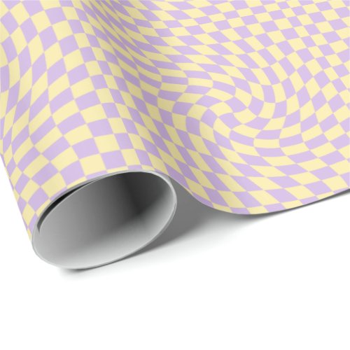 Retro Lilac Yellow Pastel Warped Checkerboard Wrapping Paper