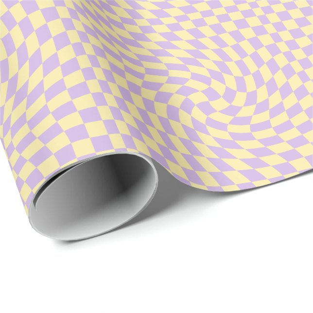 Retro Lilac Yellow Pastel Warped Checkerboard Wrapping Paper (Roll Corner)