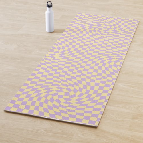 Retro Lilac Yellow Pastel Warped Checkerboard Yoga Mat