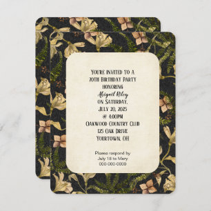 retro lily pattern on black party invite