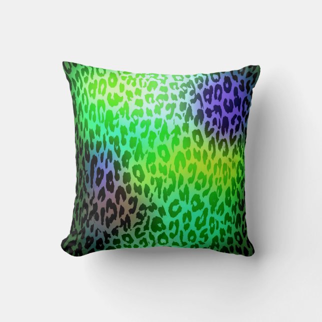 Retro Lime Green and Violet Leopard Print Skin Fur Throw Pillow (Front)