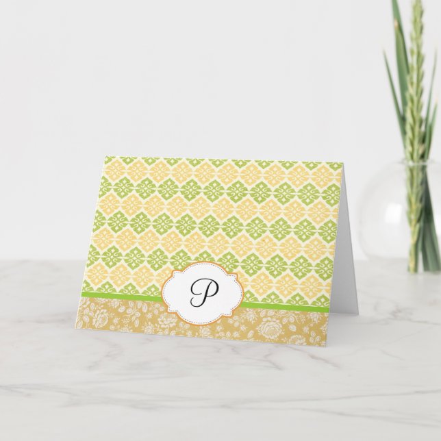 Retro Lime Green & Yellow Floral Monogram Thank You Card (Front)