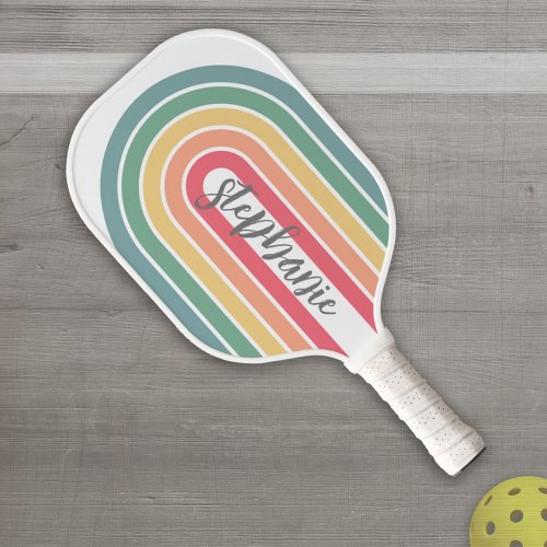 Retro Line Arch Pastel Rainbow Colors Script Name Pickleball Paddle