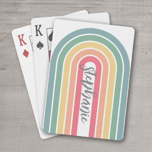 Retro Line Arch Pastel Rainbow Colors Script Name Playing Cards
