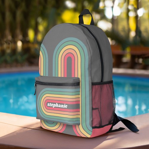 Retro Line Arch Pastel Rainbow Colors Script Name Printed Backpack