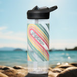 Retro Line Arch Pastel Rainbow Colors Script Name Water Bottle<br><div class="desc">A funky line arch pattern with pastels - blue, green, yellow, orange and red. The retro design includes curves and lines in thick colors. Add your name or delete the text for a fun retro design. The name is a trendy script font in grey. If you click on the customize...</div>