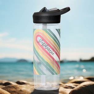 Retro Line Arch Pastel Rainbow Colors Script Name Water Bottle