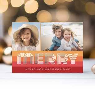 Retro Line Art Red Orange - Merry Photo - 70s Vibe Holiday Card