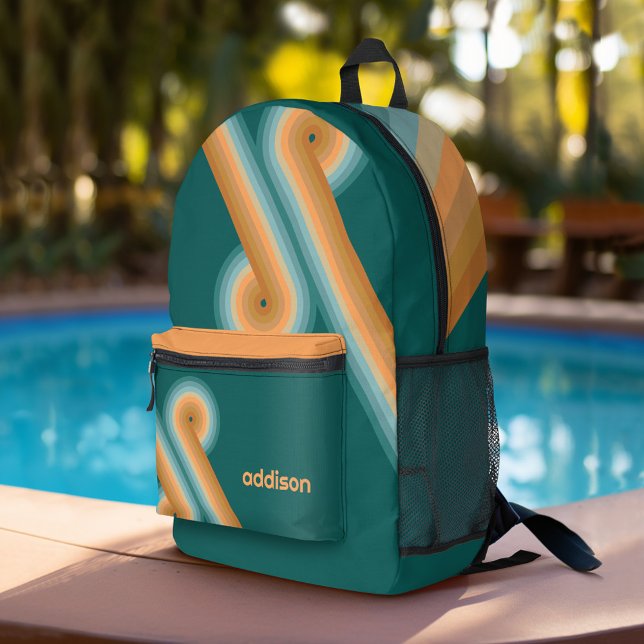 Retro Line Art Sunset Southwest Colors Circle Printed Backpack (Personalized Backpack with Retro Stripes and Custom Name)