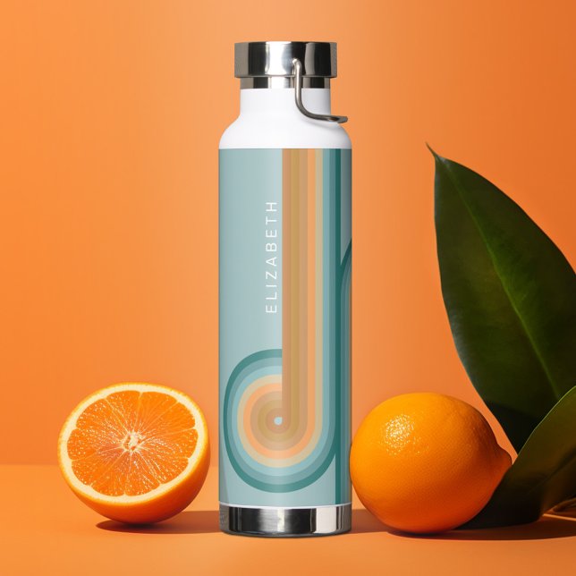 Retro Line Art Sunset Southwest Colors Circle Water Bottle (Personalized water bottle - custom name on sunset line art)