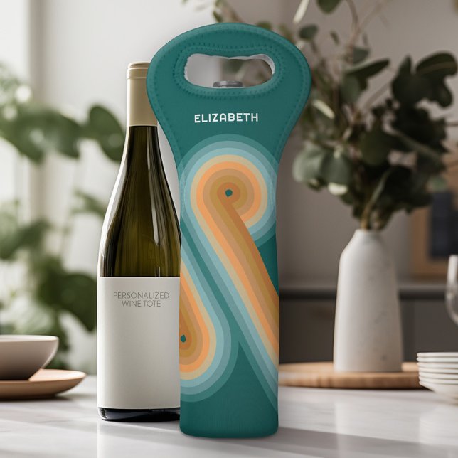 Retro Line Art Sunset Southwest Colors Circle Wine Bag (Personalized Wine Tote - Add Your Name or Customize completely in the advanced design area)