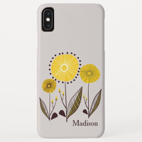 Retro Line Art Yellow Floral Personalized Name iPhone XS Max Case