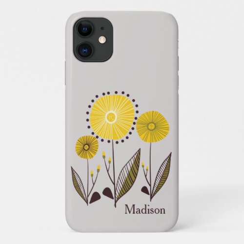 Retro Line Art Yellow Floral Personalized Name iPhone 11 Case