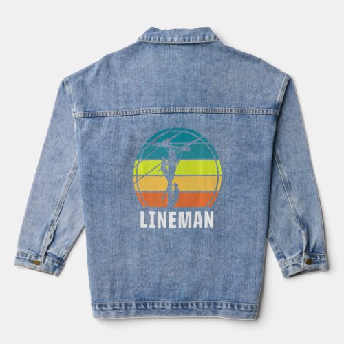 Retro Lineman Vintage Lineworker Electrician Engin Denim Jacket