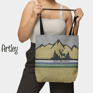 Retro Linen Texture Nature Mountain Scene Deer Tote Bag