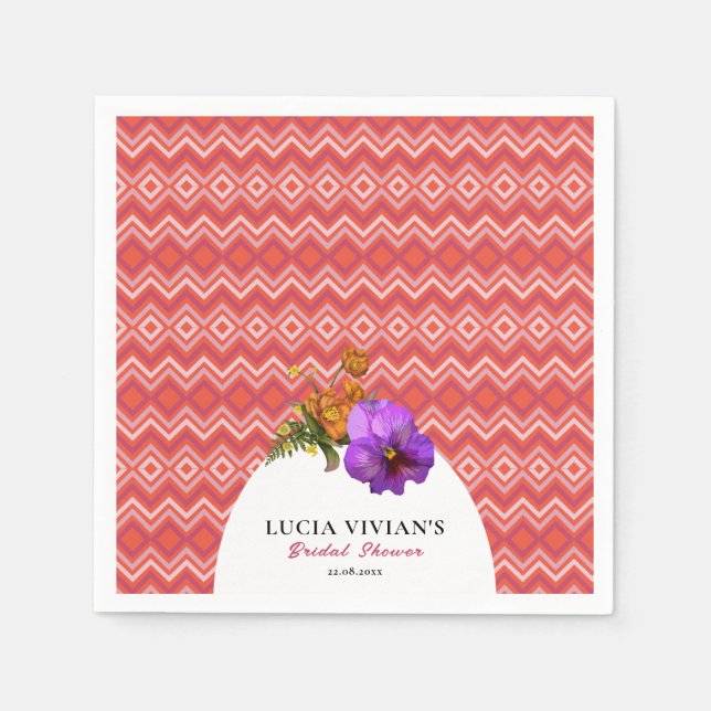 Retro Lines Floral Magenta Fuchsia Bridal Shower Napkins (Front)