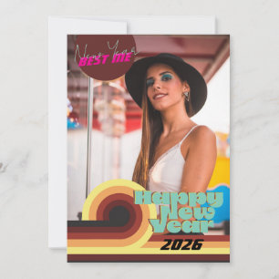 Retro Lines Happy New Year Teal Single Photo Holiday Card