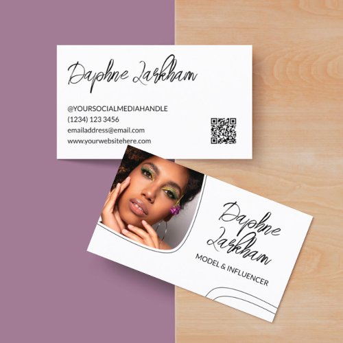 Retro Lines Profile Photo Signature Script QR Code Business Card