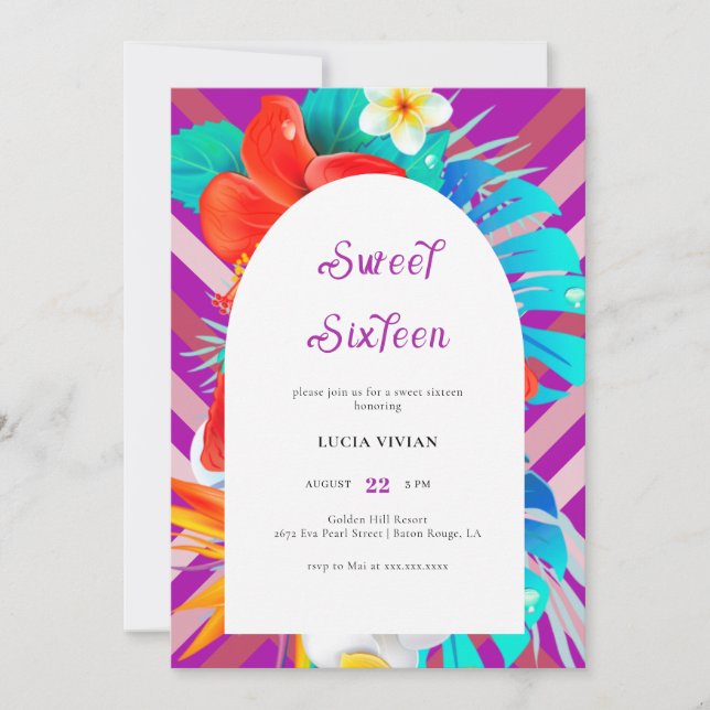 Retro Lines Tropical Magenta Fuchsia Sweet Sixteen Invitation (Front)