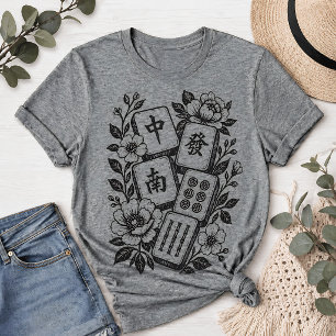 Retro Linocut Mahjong Floral Tile Tri-Blend Shirt