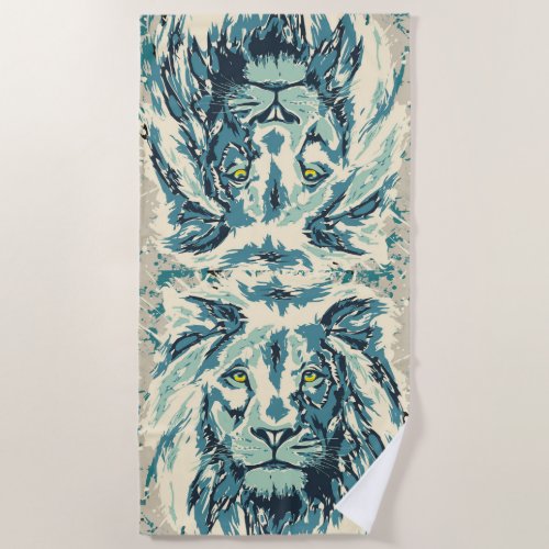 Retro Lion Head _ Vintage Lion Face Beach Towel