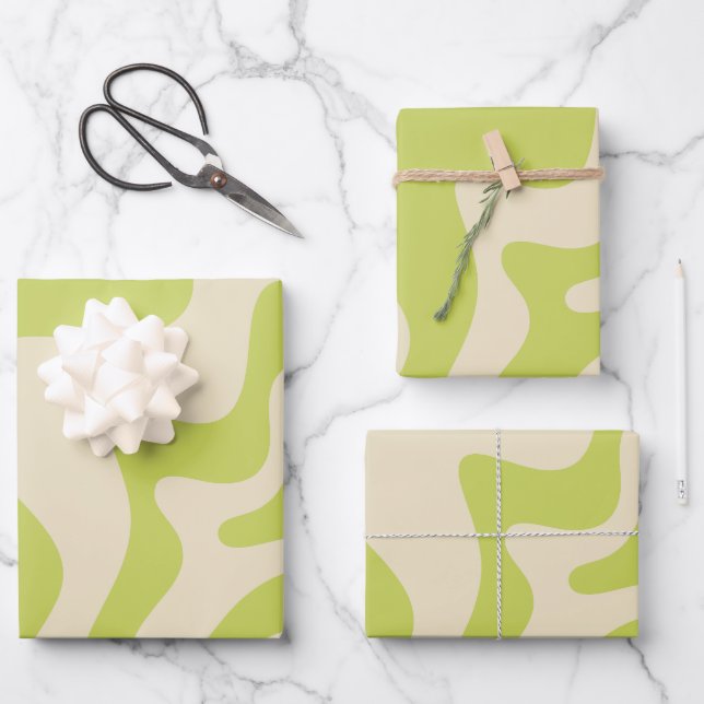Retro Liquid Swirl Abstract Light Lime Beige Wrapping Paper Sheets (Front)