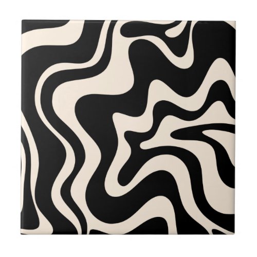 Retro Liquid Swirl Abstract Pattern Black Cream Ceramic Tile