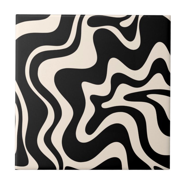 Retro Liquid Swirl Abstract Pattern Black Cream Ceramic Tile (Front)