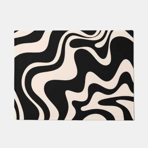 Retro Liquid Swirl Abstract Pattern Black Cream Doormat