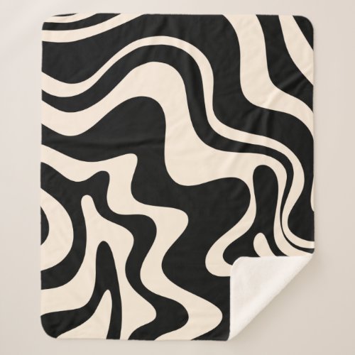 Retro Liquid Swirl Abstract Pattern Black Cream Sherpa Blanket