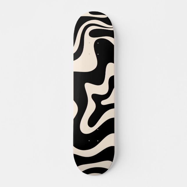 Retro Liquid Swirl Abstract Pattern Black Cream Skateboard (Front)